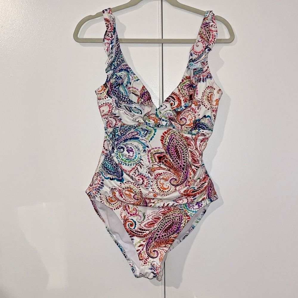 Lauren Ralph Lauren WHITE PAISLEY Captiva Paisley One-Piece Swimsuit US 12‎